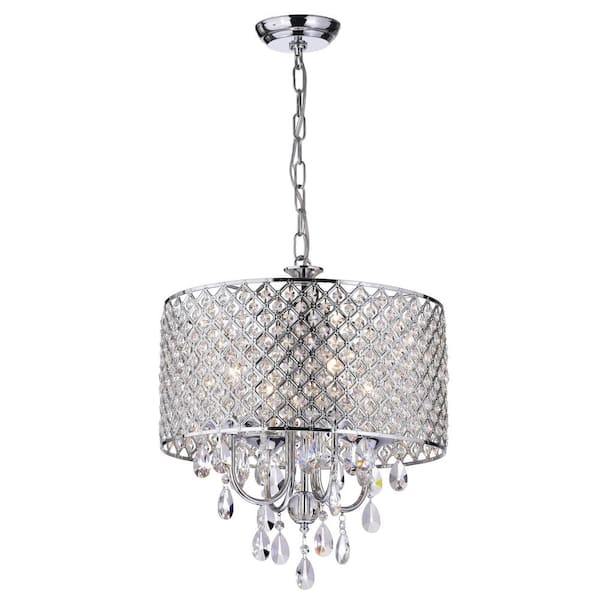 Marya 4-Light Modern Chrome Round Chandelier with Beaded Drum Shade /Hanging Clear Glass Crystals