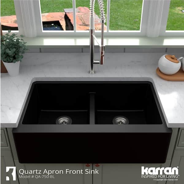 Farmhouse Apron Front Quartz Composite 34 in. Double Bowl Kitchen Sink in Black