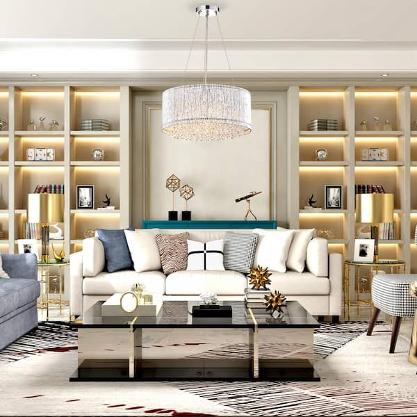 Pamina 4-Light Chrome Glam Chandelier with Drum Shade and Hanging Crystals