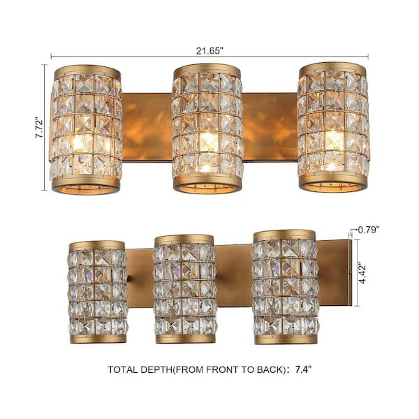 Modern Powder Bath Room Vanity Light, 21.6 in. 3-Light Gold Wall Sconce Light with Cylinder Crystal Shade