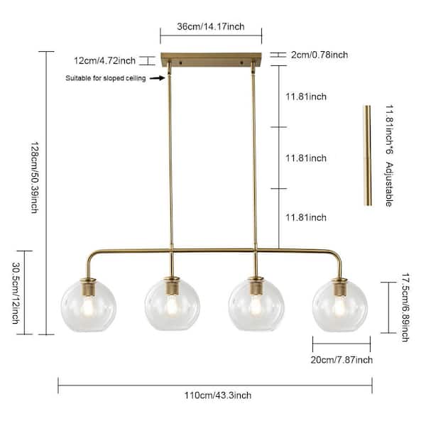 Friedlander 4-Light Brass Island Chandelier with Clear Glass Shades, Modern Linear Kitchen Pendant Light