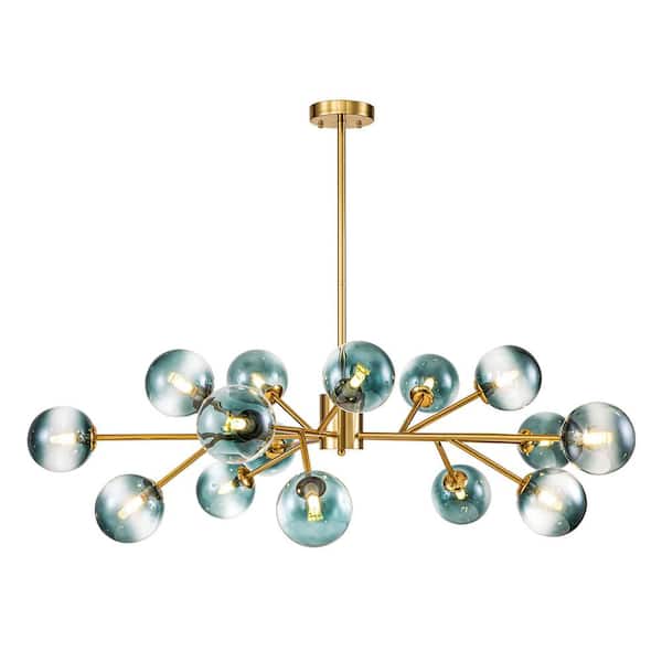 Higginsville 15-Light Farmhouse Gold Sputnik Sphere Linear Pendant Chandelier with Gradient Blue Glass Shade