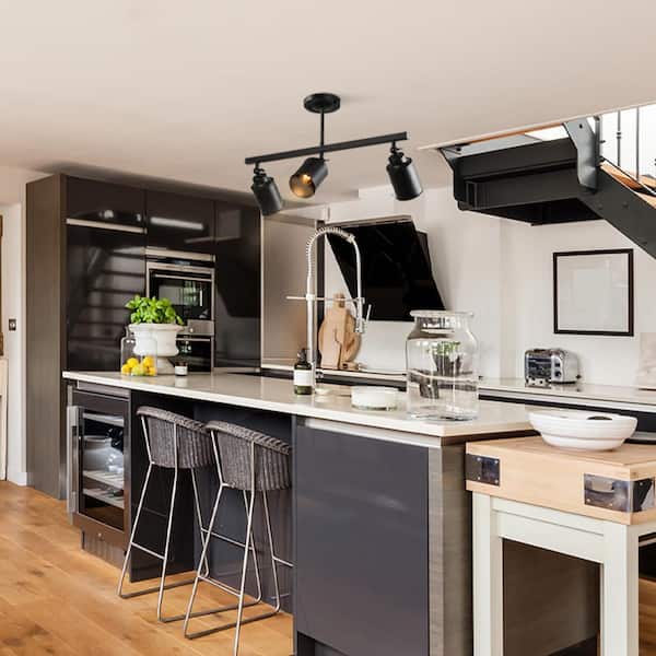 Black Modern Linear Fixed Track Lighting Kit Industrial 3-Light Kitchen Ceiling Light Fixture with Adjustable Heads
