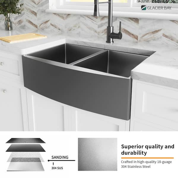 Gunmetal Black Stainless Steel 33 in. 18-Gauge Double Bowl Farmhouse Kitchen Sink with Black Spring Neck Faucet