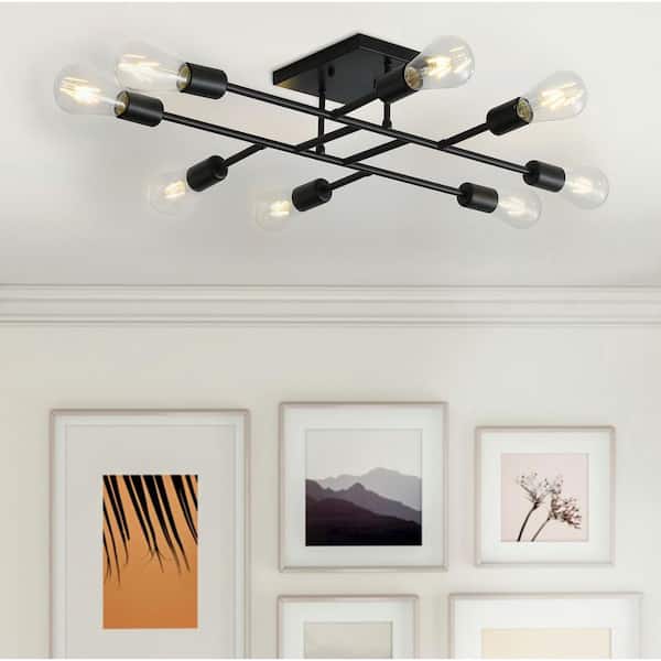 Modern 28 in. 8-Light Black Sputnik Linear Semi-Flush Mount Ceiling Lighting Fixture