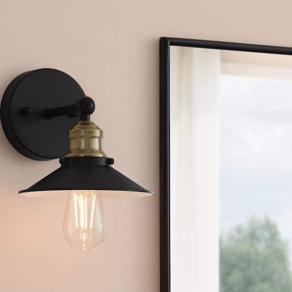 Glenhurst 1-Light Black and Brass Industrial Farmhouse Indoor Wall Sconce Light Fixture with Metal Shade
