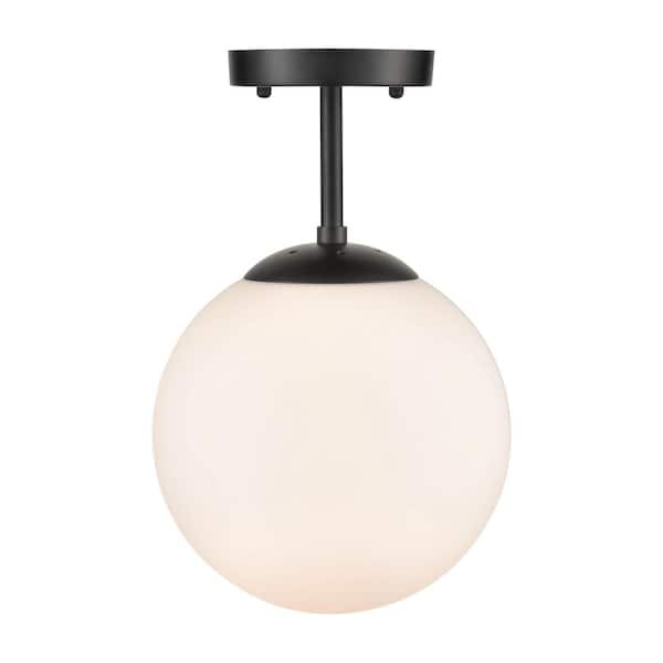 Zeno 1-Light Black Globe Ceiling Light with White Glass Shade