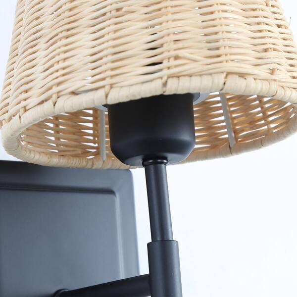 14.7 in. 2-Light Black Wall Sconce Rattan Wrapped Wall Lamp