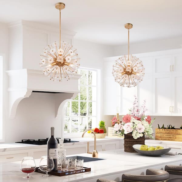 Modern Gold Sputnik Bedroom chandelier, 6-Light Dining Room Island Pendant Light Fixture with Flower Glasses