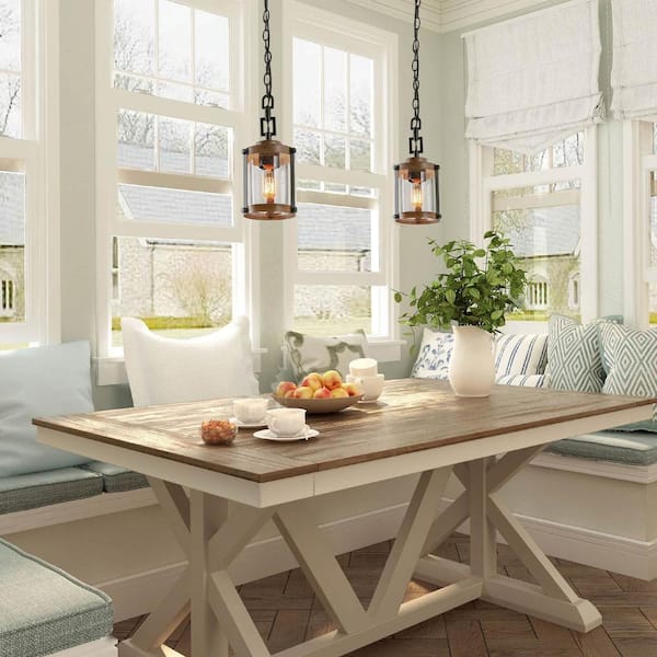 Modern Farmhouse Brown Chandelier 1-Light 6 in. Black Drum Mini Island Pendant Light with Seeded Glass Shades