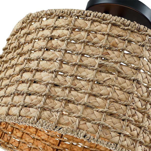 Elis 13.6 in. 2-Light Natural Rattan Semi-Flush Mount Ceiling Light with Black Canopy