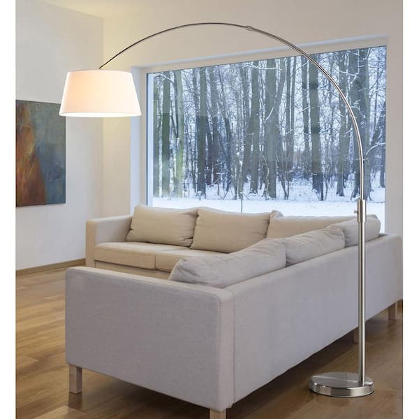 Orbita 81 in. H Brushed Nickel Finish LED Dimmable Retractable Arch Floor Lamp, Bulb Included with Empire White Shade