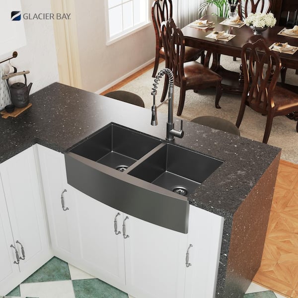 Gunmetal Black Stainless Steel 36 in. 18-Gauge Double Bowl Farmhouse Apron Kitchen Sink