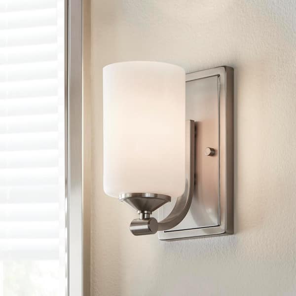 1-Light Brushed Nickel Wall Sconce with Frosted Opal Glass Shade