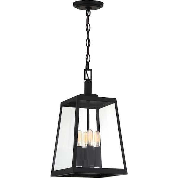 Halifax 17.75 in. 4-Light Matte Black Dimmable Outdoor Pendant Light with Clear Glass and No Bulbs Included