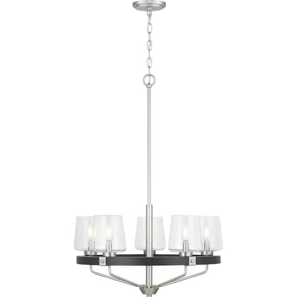 Estella 5-Light Satin Nickel Chandelier with Matte Black Accents and Clear Glass Shades