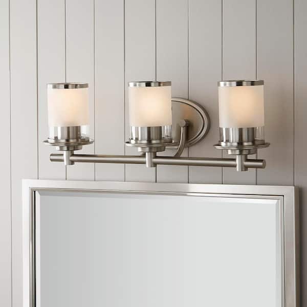 Truitt 23.25 in. 3-Light Brushed Nickel Modern Transitional Vanity with Frosted and Clear Edge Glass Shades