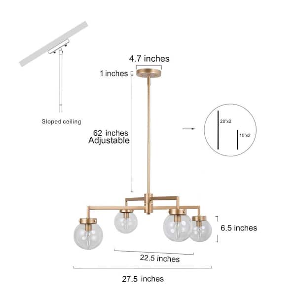 Modern Gold Sputnik Bedroom Chandelier, 27.5 in. 4-Light Farmhouse Linear Globe Dining Room Chandeliers Semi flush Mount