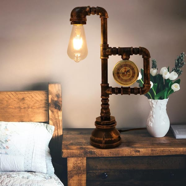 17 .3 in. H. Antique Brass Steampunk Industrial Retro Metal Water Pipe Table Lamp with Clock Style