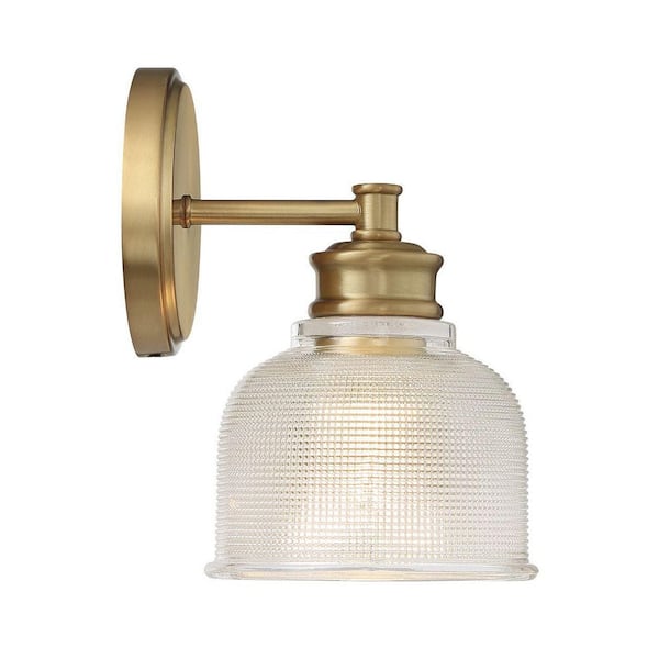 5 in. x 9.5 in. 1-Light Natural Brass Traditional Wall Sconce with Textured Glass Shade
