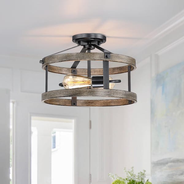 Madison 13 in. 2-Light Natural Iron and Distressed Faux Wood Industrial Farmhouse Semi-Flush Mount Ceiling Light