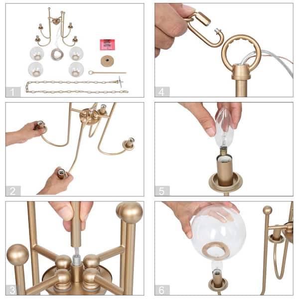 Modern Sputnik Chandelier Light Ray 4-Light Brass Gold Island Chandelier Light with Clear Glass Shade