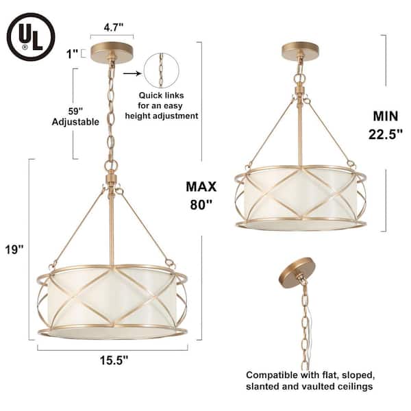 Gold Drum Bedroom Chandelier, 3-Light Modern Farmhouse Cage Chandelier Pendant Light with Fabric Shades