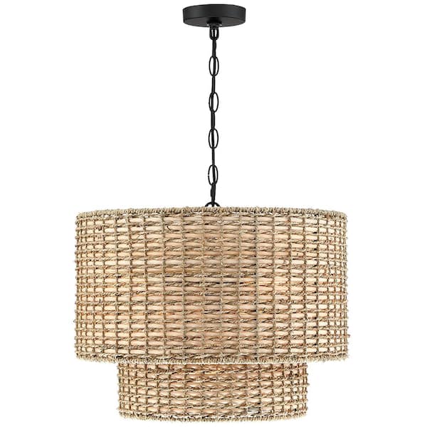 Seymour 20 in. 4-Light Black Canopy Natural Rattan Tiered Drum Pendant Chandelier Light