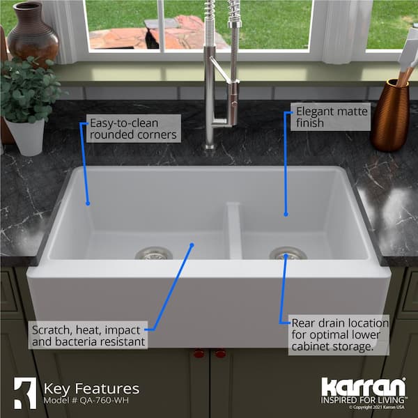 QA-760 Quartz/Granite 34 in. Double Bowl 60/40 Farmhouse/Apron Front Kitchen Sink in White with Grid and Strainer