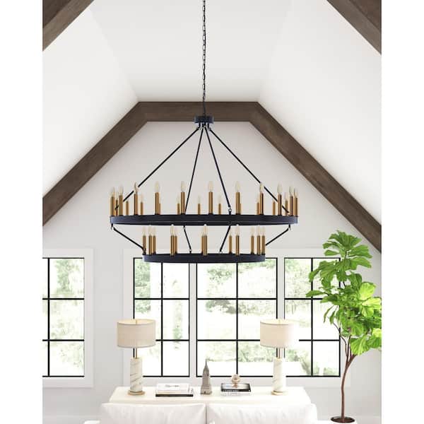 36-Light Black 2-Tiers Candle Style Wagon Wheel Chandelier