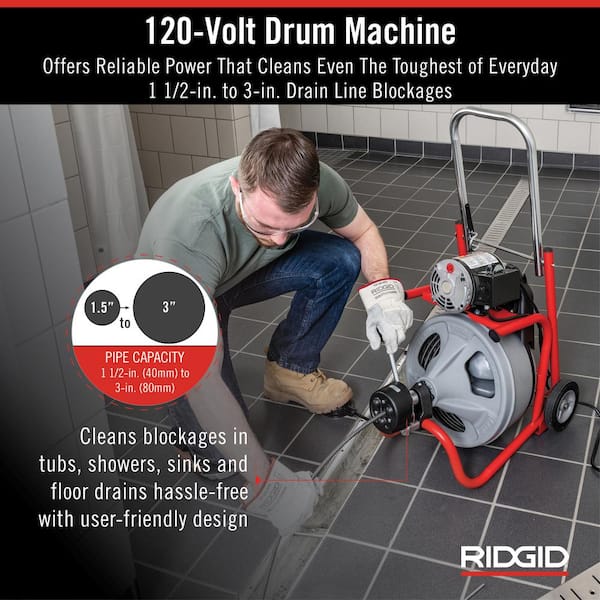 K-400 AutoFeed Drain Cleaning Snake Auger 120-Volt Drum Machine and C-32IW 3/8 in. x 75 ft. Cable + Tool Set & Gloves