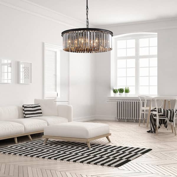 22 in. 6-Light Black Farmhouse Pendant Light Fixtures Crystal Drum Chandelier Dining Room Pendant Lighting