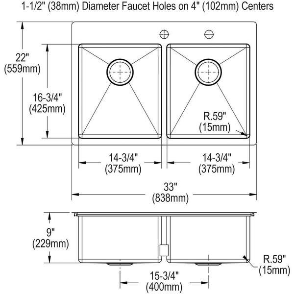 Crosstown Drop-In/Undermount Stainless Steel 33 in. 2-Hole Double Bowl Kitchen Sink with Bottom Grids