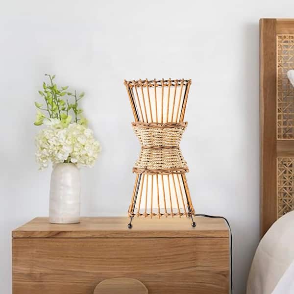 13.5in. 2-Light Natural Plug-in Bamboo and Rattan Table Lamp for Bedroom Living Room with White Fabric Shade