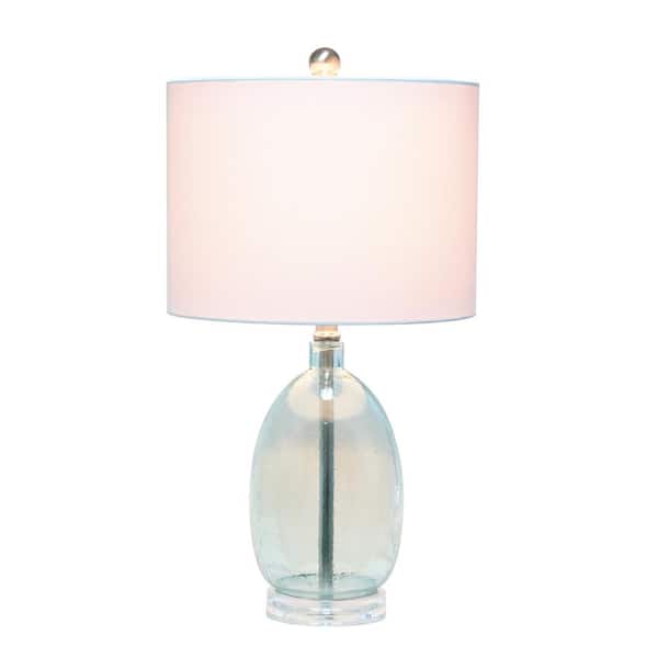 22 in. Clear Blue Oval Glass Table Lamp with White Drum Shade