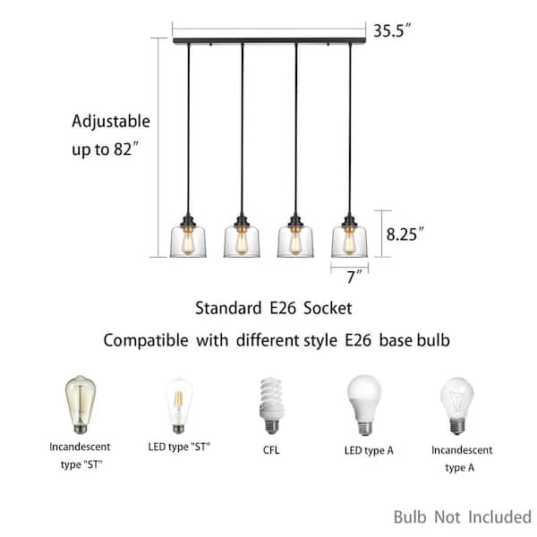 37 in. 4-Light Bronze Farmhouse Kitchen Island Pendant Light with Drum Glass Shade