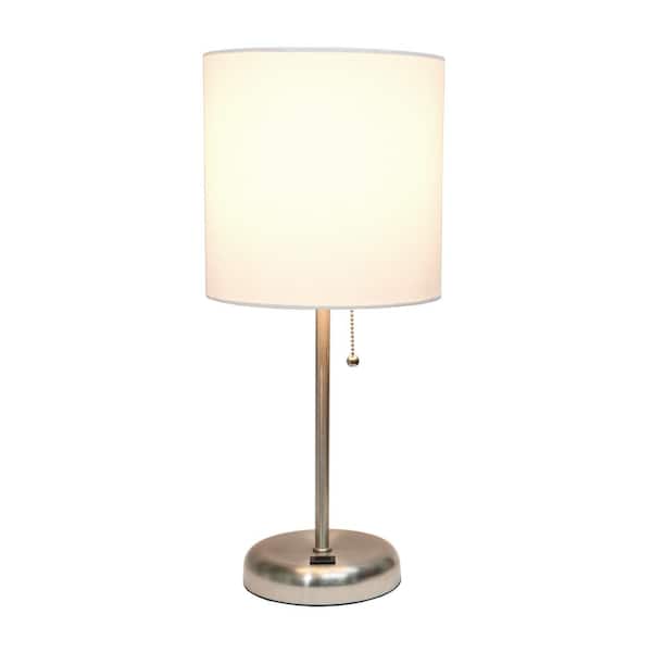 19.5 in. White Stick Lamp with USB Charging Port and Fabric Shade