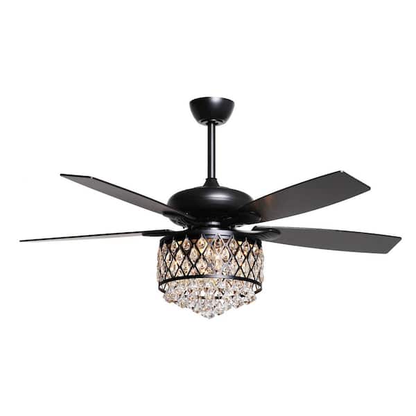 Berkshire 52 in. Crystal Downrod Mount Black Ceiling Fan With Light Kit and Remote Control