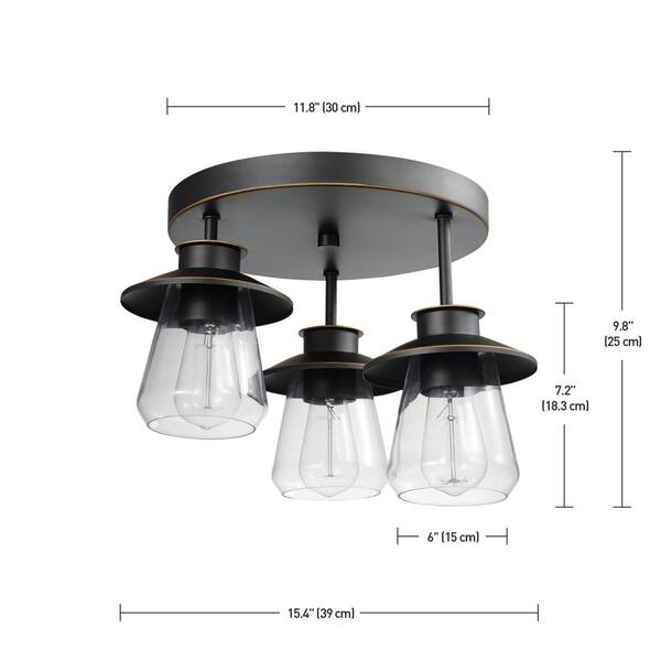 Nate 11 in. 3-Light Oil Rubbed Bronze Semi-Flush Mount Ceiling Light with Clear Glass Shades