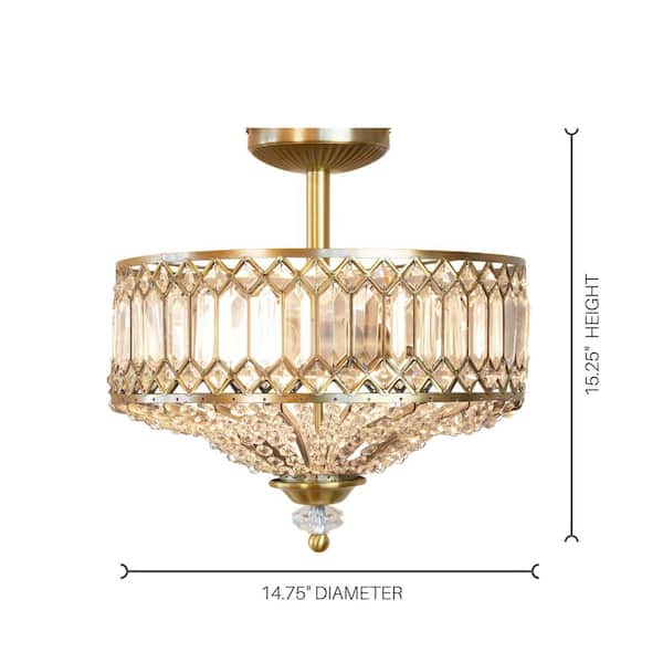 14.75 in. 2-Light Gold Semi-Flush Mount-Light with Tiered Jeweled Glass