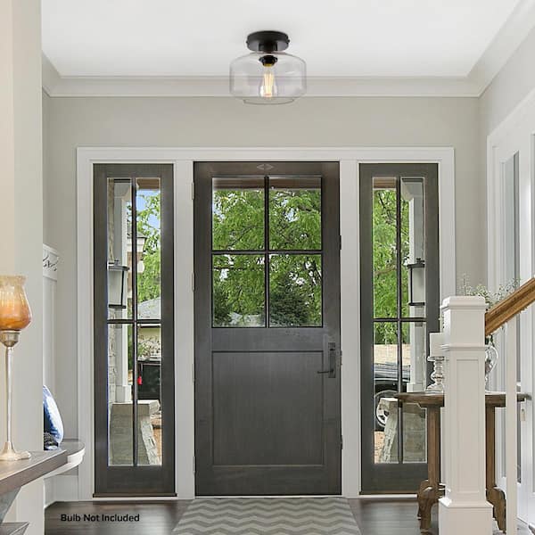 Semi Flush Mount Industrial Ceiling Light Fixture, Black with Clear Glass Pendant Lamp Shade, Bulb Not Included