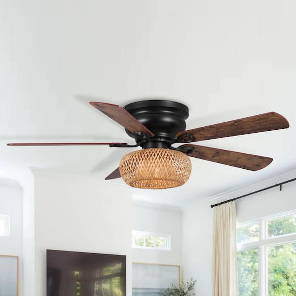 48 in. Farmhouse Bamboo Flush Mount Matte Black Ceiling Fan with Remote Control and Light Kit