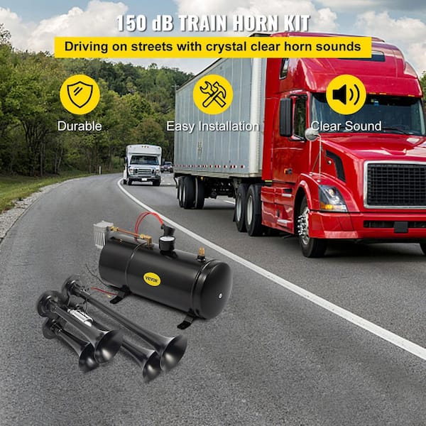 Train Air Horns Kit 150DB Air Compressor Tank 4 Trumpet Super Loud with 120 PSI 12-Volt for Vehicle Trucks Car Jeep SUV