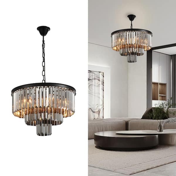 3-Tier Black and Smoked Crystal Chandelier 20 in. 6-Light Modern Kitchen Island Dining Table Pendant Lighting