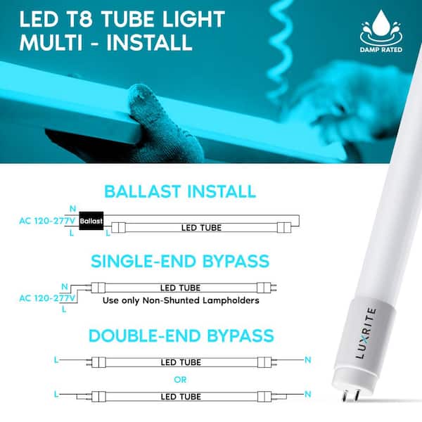 13-Watt 4 ft. Linear T8 LED Tube Light Bulb Ballast and Ballast Bypass Compatible 6500K Daylight Damp Rated (12-Pack)