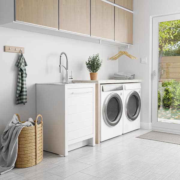 All-In-One Stainless Steel 24 in Laundry Sink with Faucet and Storage Cabinet in White