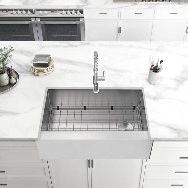 All-in-One Zero Radius Farmhouse/Apron-Front 16G Stainless Steel 33 in. Single Bowl Kitchen Sink with Spring Neck Faucet