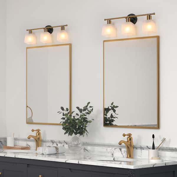Modern Bathroom Vanity Light, 3-Light Black and Gold Powder Room Wall Sconces with Square Frosted Glass Shades