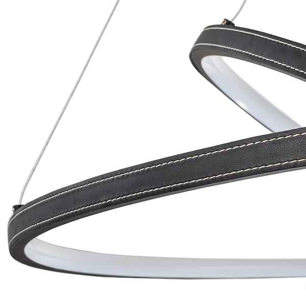 3-Light Dimmable Integrated LED Black Tiered Ring Chandelier with Leather Accent