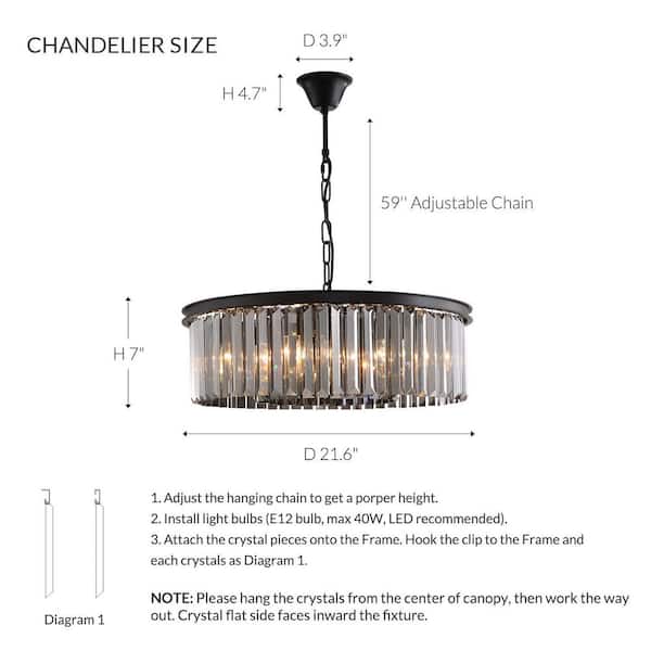 22 in. 6-Light Black Farmhouse Pendant Light Fixtures Crystal Drum Chandelier Dining Room Pendant Lighting